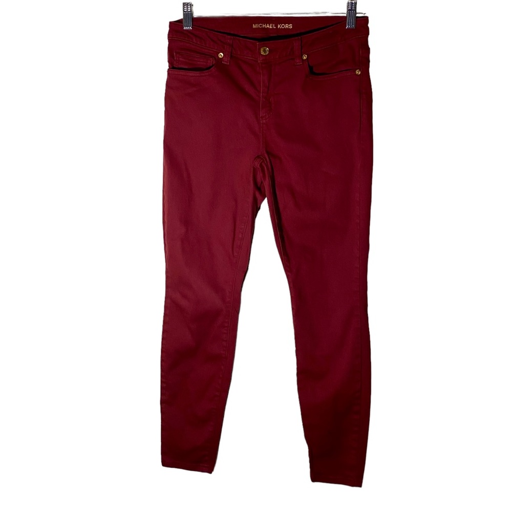 Micheal Kors woman’s Izzy Skinny Pants, Burgundy, Mid-Rise.  Size 8, inseam 28.5